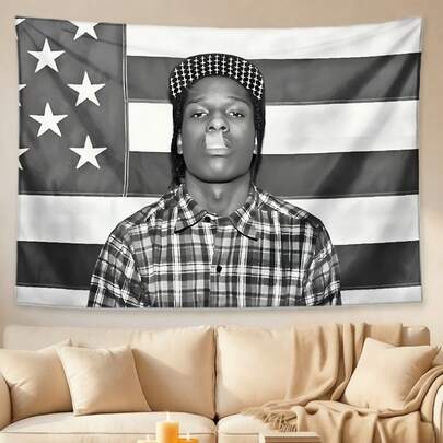 1Pc ASAP Mob Rocky With Flag Music Art Tapestry, Vintage Style Polyester Rectangular, Stylish & Decorative For Wall Hanging In Living Room, Bedroom, Dormitory, Children's Room