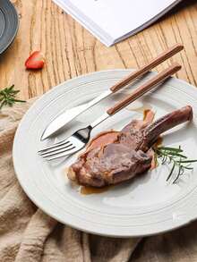 3pcs Faux Wooden Handle Knife, Fork And Spoon Set, Stainless Steel Steak Cutlery Flatware Set, Japanese Style - Brown - View 6