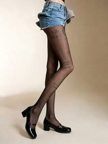 1双黑色薄纱丝袜，莲花印花，性感花卉图案，日常穿着 - 彩色 - 查看 3