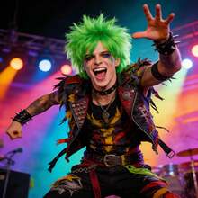 活力绿色短款凌乱直发动漫角色扮演假发，带刘海，男女皆宜，朋克摇滚风格，蓬松层次剪裁，耐热合成纤维，带刘海，多功能角色扮演假发，适合节日、圣帕特里克节、派对、音乐节和舞台表演——均码，易于佩戴和造型——适合大多数人 - 綠色 - 查看 6