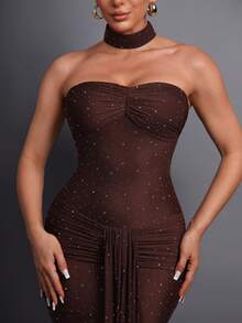 Elegant Strapless Pleated Mesh Evening Dress, Featuring Graceful Pleated Design And Alluring Sheer Skirt, Suitable For Romantic Dates, Upscale Galas, Fashion Photography, Art Events, And Stylish Soirees - Brown - View 11