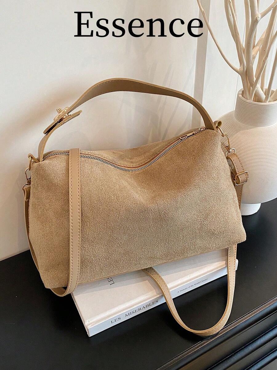 1 Túi đựng gối vải nhung màu kaki, thời trang tối giản, màu trơn, dung tích lớn, túi đeo vai nữ, đeo chéo - Màu Khaki - Xem 1