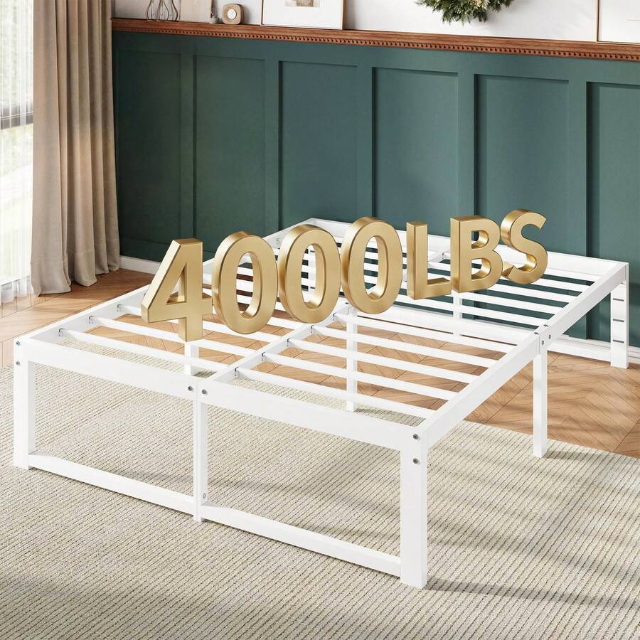Allewie Twin/Ful/Queen/King Size Bed Frame, 14 Inch Metal Platform Bed Frame With 4000LBS Heavy Duty Steel Slats Support, Noise Free, Easy Assembly, No Box Spring Needed, White - trắng - Xem 1