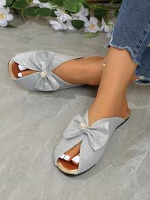 银色亮片蝴蝶结穆勒鞋 女士露趾无后跟拖鞋 夏季休闲平底凉鞋 - 銀色 - 查看 13