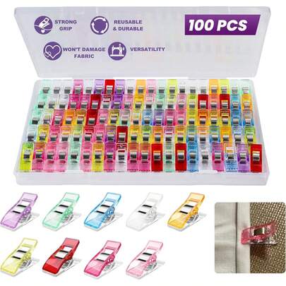 100pcs Sewing Clips With Storage Box, Strong Grip No Pin Marks, Multi-Colored Quilting Clips Fabric Crafts Sewing Projects, Plastic Stitching Clamps Hemming Seam Work, Sewing Supplies Accessories