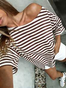 Plus Size Striped Classic Open Shoulder Loose T-Shirt, Fashionable Y2K Street Style Summer For Women, Casual White - White - View 1
