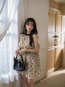 Đầm chấm bi trễ vai không tay mới, đầm ngắn kiểu Pháp mùa hè dành cho nữ dáng nhỏ nhắn, thanh lịch, thích hợp đi biển. - Màu Khaki - Xem 7