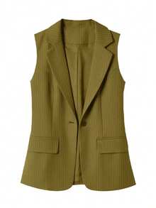 Women's Striped Patchwork Single-Button Regular Blazer Vest, Solid Color Pocket Button Office Wear Spring - Army Green - View 4
