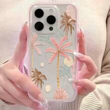 Funda de teléfono con estilo de resort, 1 pieza, transparente, minimalista, con patrón colorido de árbol de coco y marco rosa, a prueba de golpes y resistente a los arañazos, adecuada para iPhone 16 Pro Max, 17/16/15/14 Plus, 13/12/11, Air - Multicolor - Ver 5