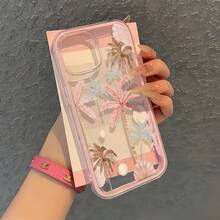 Funda de teléfono con estilo de resort, 1 pieza, transparente, minimalista, con patrón colorido de árbol de coco y marco rosa, a prueba de golpes y resistente a los arañazos, adecuada para iPhone 16 Pro Max, 17/16/15/14 Plus, 13/12/11, Air - Multicolor - Ver 2