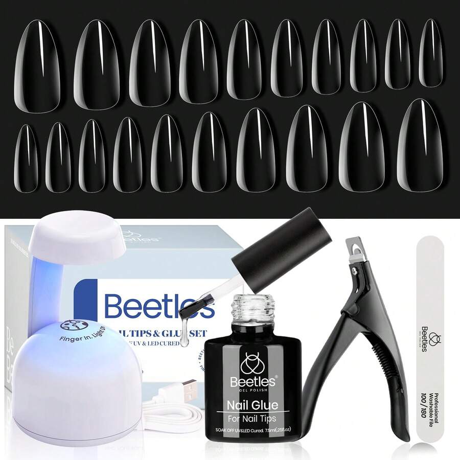 Beetles Gel Nail Kit Short Almond Gift Spree Easy DIY Extension Set Gift For Women - Medium Almond 240pcs (Clear Kit) - 查看 1
