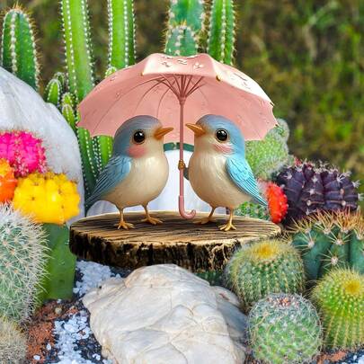 2D立体可爱蓝鸟粉色雨伞亚克力植物插牌，卡通鸟盆栽装饰摆件，精美花园装饰，适用于盆栽植物、庭院、草坪、室内外家居装饰