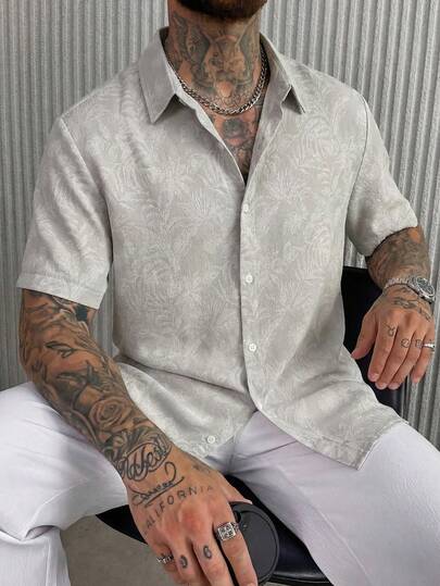 Men's Premium Gray Jacquard Floral Shirt, Luxury Short Sleeve Top, Tropical Leaf Pattern Shirt With Summer Vacation Vibe, Modern Casual Button-Down Soft Fabric Beach Shirt