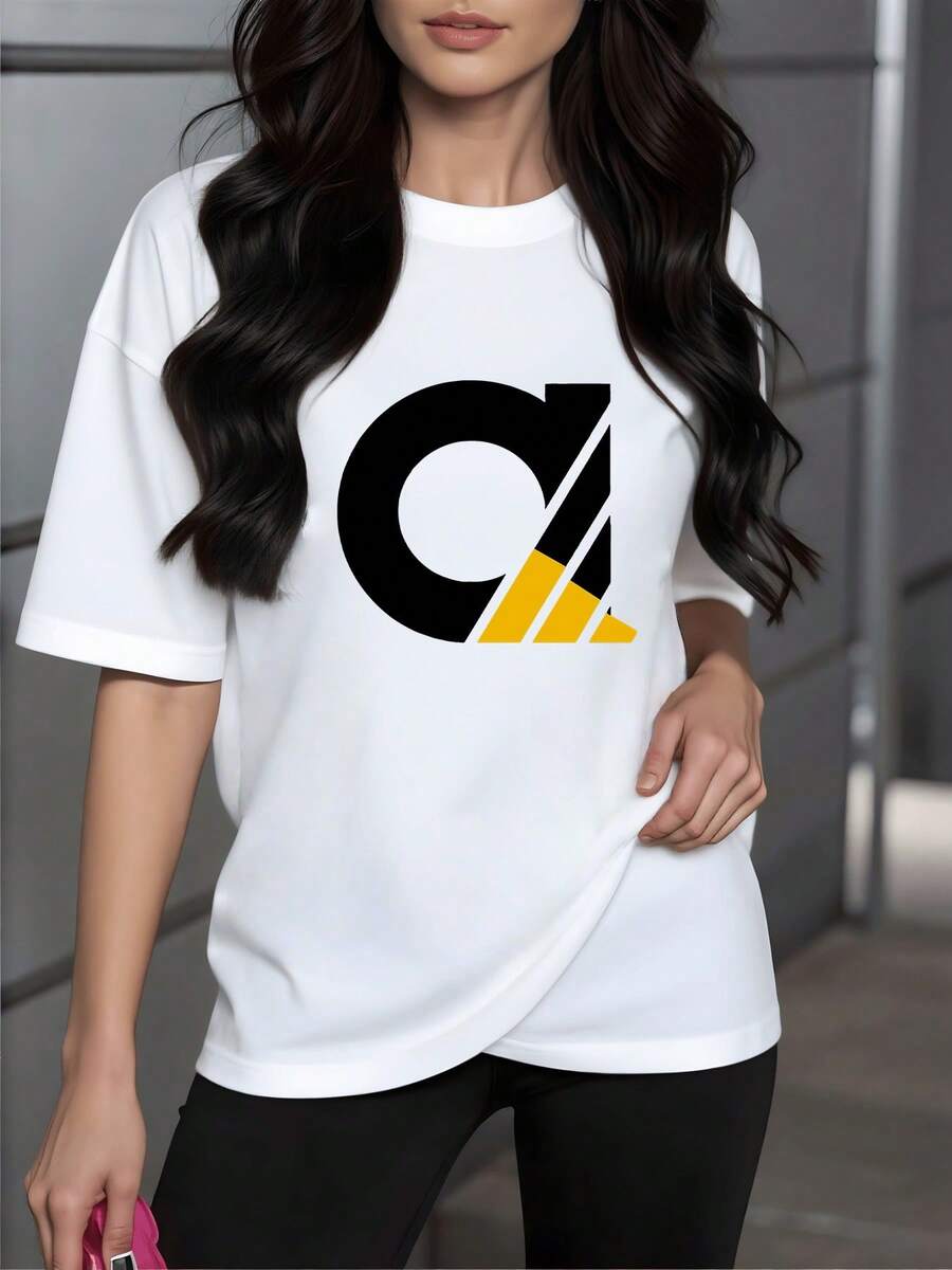 Símbolo moderno que combina líneas en amarillo y negro representando energía movimiento y equilibrio con toque urbano perfecto para atuendo contemporáneo camiseta de mujer blanca 220g casual cómoda - Blanco - Ver 1