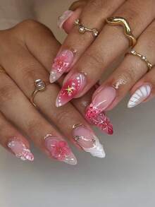 手工3D立体花卉美甲，夏日海滩风3D立体花卉美甲，水晶贝壳美甲，黄色杏仁形中长假指甲，适合女士和女孩 - 紅色 - 查看 2