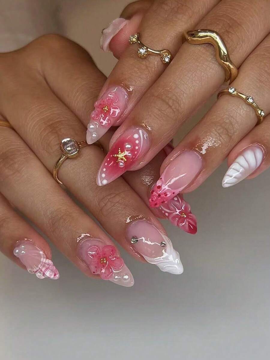 手工3D立体花卉美甲，夏日海滩风3D立体花卉美甲，水晶贝壳美甲，黄色杏仁形中长假指甲，适合女士和女孩