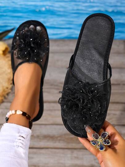 2026 New Fashion Large Bow Mesh Slip-On Slippers, Suitable For Indoor And Outdoor Wear