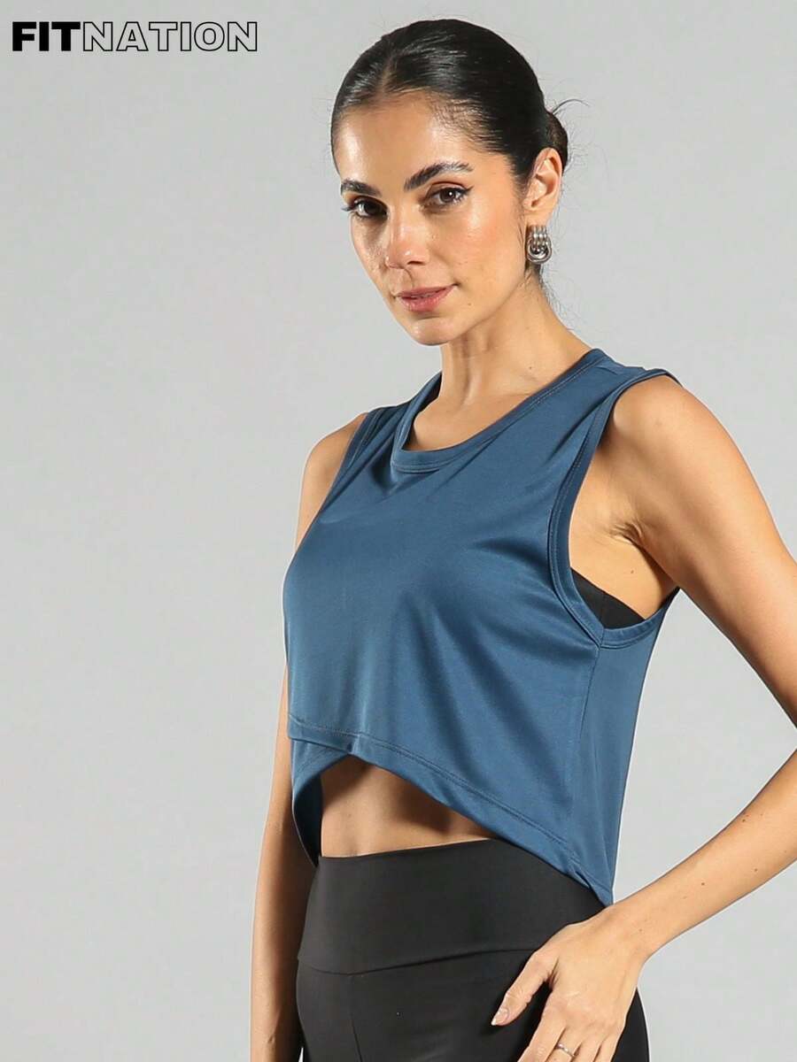 FITNATION Cropped Fitness Tank Top With Front Crossover And DRYFIT Fabric, Ideal For All Sports. - 水鴨藍 - 查看 1