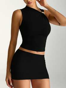 XLLAIS 性感不对称领口白色吊带背心，纯金属装饰，修身设计，女士时尚夜店风 - 黑色 - 查看 1