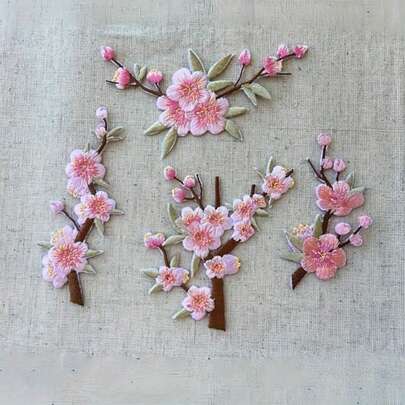 6pcs/Set Romantic Cherry Blossom Embroidered Patches, Fashion Clothing, Bag Decor Patches, Embroidered Floral Patches, Sew-On/Iron-On Patches, Suitable For Clothes, Dresses, Hats, Backpacks, Jeans, DIY