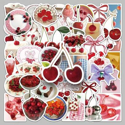 50 pièces Autocollants style INS cerise, autocollants de fruits de dessin animé mignons et frais, imperméables, pour scrapbooking, téléphone, décoration DIY, fournitures de scrapbooking