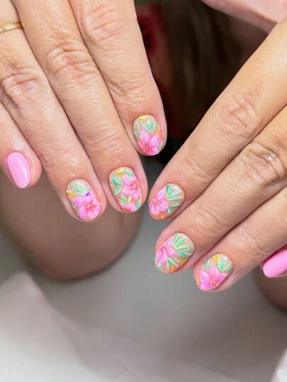 24pcs Short Round Press On Fake Nails Pink ​Short Nail Pink Flowers Fake Nails Women Spring Nails