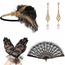 咆哮的二十年代复古女郎套装 | 羽毛头饰蕾丝扇形珍珠耳坠 | 舞会及化装舞会 - 彩色 - 查看 12