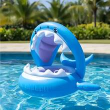 1 pieza Anillo inflable de natación para bebé, con forma de tiburón azul, adecuado para la playa, la piscina, con sombrilla, se puede usar como asiento inflable - Azul - Ver 1