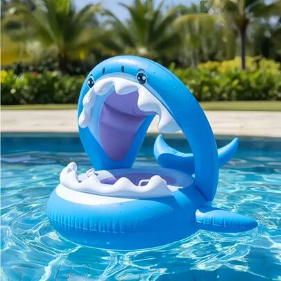 1pc Inflatable Baby Swimming Ring, Blue Shark Shaped, Suitable For Beach, Pool, With Sunshade, Can Be Used As Inflatable Seat