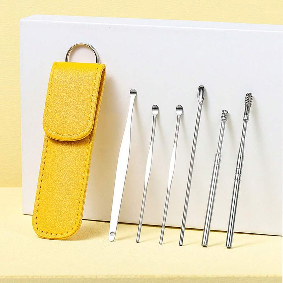 1 Set Stainless Steel Ear Cleaning & Personal Care Kit, New Portable Spiral Spring 6-Piece Set With Ear Pick In Leather Case - View 1