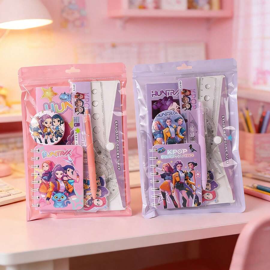 1 Set HUNTRIX Pink Demon Hunter Stationery Set, Cute Macaron Style Luxury Exquisite Gift, Suitable For Young Girls Daily Study, Writing, Diary, Holiday Gift - Multicolor - View 1