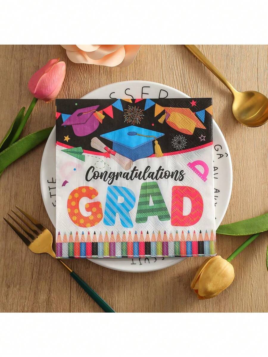 20 piezas/Set Servilletas desechables con tema de graduación en colores, impresas con gorra de graduación y lápices de colores, adecuadas para fiesta de graduación, cena de agradecimiento a maestros, reunión de clase, celebración de promoción - Múltiples estilos - Ver 1