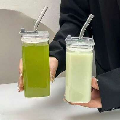 1个，高颜值玻璃杯，带盖，透明简约平底家用咖啡杯，夏季饮料吸管杯，便携式水瓶