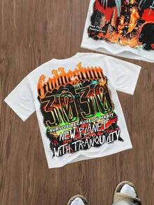Apocalypse Sci-Fi Double-Sided Crisis&Disaster Print Oversize Short Sleeved Street Y2K Niche Style T-Shirt Top Print Y2K Crew Neck T Shirt For Women, Holiday, Vacation, Spring, Festivalsummer Clothes,Men Graphic Tees,Vintage T Shirts - 白色 - 查看 2