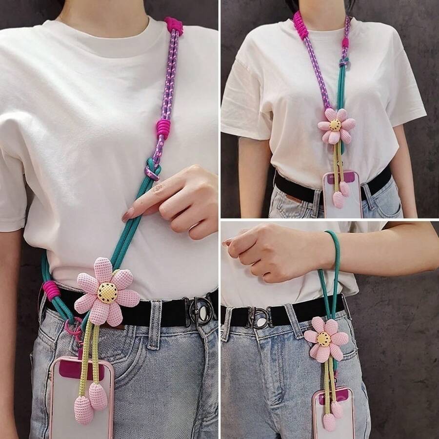 女士编织绳手机挂绳，可斜挎、挂在脖子上、戴在手腕上，多功能编织绳，清新时尚，适合户外旅行、徒步、通勤，春季派对礼物 - 藍色 - 查看 1