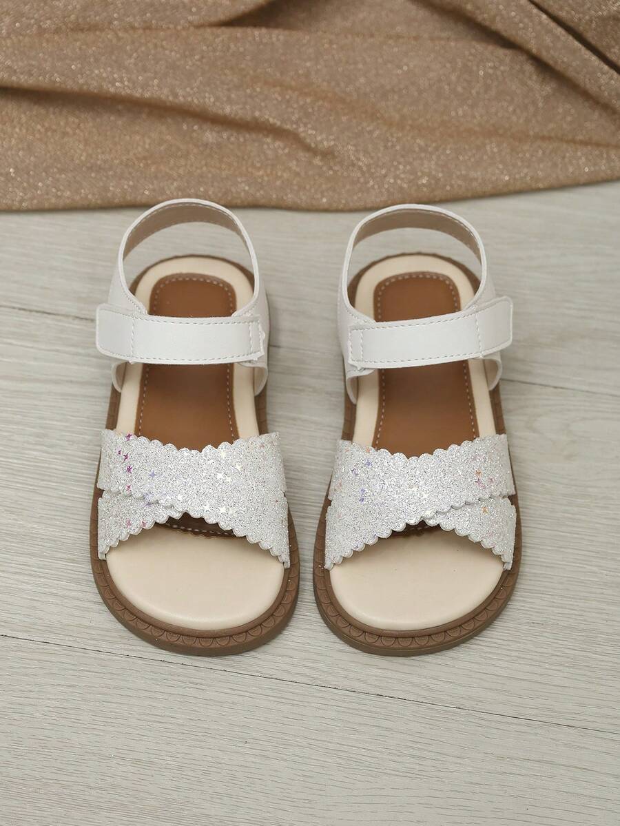 1双白色亮片星星图案幼儿/女童防滑橡胶软底包头凉鞋，公主风平底鞋，适合3-15岁女孩，日常、旅行、派对穿着，2026春夏新款 - 白色 - 查看 1