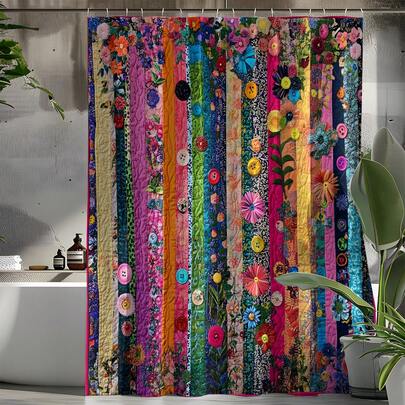 1 pieza Cortina de ducha con estampado floral y de rayas vintage, cortina de decoración del hogar de alta calidad, combinación de baño moderna y versátil, cortina de ducha para todas las estaciones con 12 ganchos