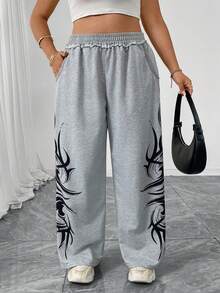 1件装女士加大码时尚休闲高腰弹力荷叶边阔腿裤，秋冬印花带口袋春季款 - 灰色 - 查看 7