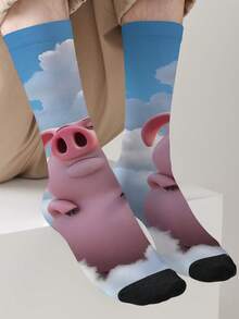1 Pair 360 Print Funny Pig Crew Socks For Men & Women - Novelty 3D Piggy Face Mid-Calf Socks, Cute Cartoon Pig Socks, Fun Casual Novelty Socks - Multicolor - View 3