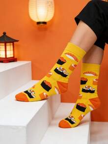 1双橙色寿司印花休闲船袜，街头时尚，春夏款 - 黃色 - 查看 5