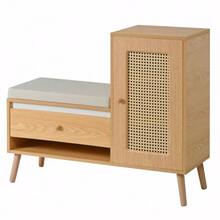 Shoe Cabinet, Rattan Hall Bench With Shoe Storage & Seat Cushion – Multifunctional Entryway Bench With Drawers & Open Compartments, One Cabinet Door - Natural - View 8