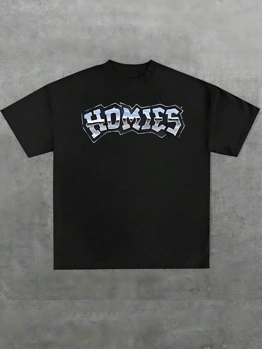 Plus Size Summer Homies Graffiti Print T Shirt Street Style 1pcs 100% Cotton Casual T Shirt Men's Graphic Tee Urban Crew Neck Short Sleeve 220g T Shirt For Going Out Gift Unisex - 黑色 - 查看 1