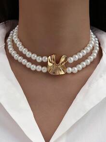 1pc Multi-Layer Faux Pearl Necklace, Luxury Elegant Feel - Yellow Gold - View 1