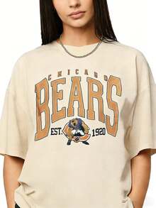 Vintage Chicago Sweatshirt Vintage Bears Unisex Shirt, American Bootleg, Oversized Short Sleeve Classic Heavy Cotton Shirt Printed Graphic Tee Women's Casual Short-Sleeved TopSports Short Sleeves - 杏色 - 查看 6