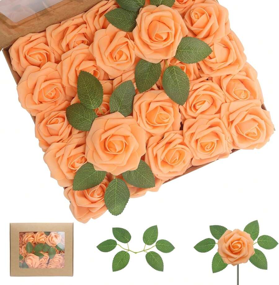 Artificial Flowers 50 Flowers With 12 Leaves Simulated Ivory Foam Fake Roses With Stems For DIY Wedding Bouquet White Bridal Shower Centerpieces Party Table Decorations Artificial Rose Flowers Fake Roses With Stems Real Touch Foam Flowers For DIY Wedding Bouquet Baby Shower Centerpieces Floral Arrangement Party Home Decorations - 橘色 - 查看 1