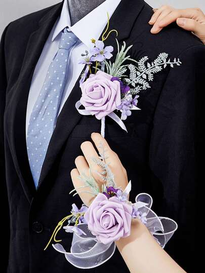 Purple Corsage Wristlet And Boutonniere Set For Wedding Bridesmaid, Prom Artificial Flower Corsage Wristlet Wristband For Women Girls Hand Flowers For Homecoming Ceremony Anniversary Suit