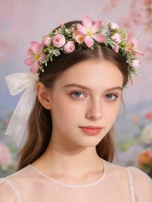1件女童森系人造菊花甜美伴娘花冠髮箍 - 粉色 - 查看 2