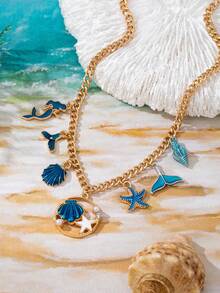 1件夏季海滩度假风海洋系列贝壳/海星吊坠别致设计魅力项链，适合女性日常佩戴 - 彩色 - 查看 3