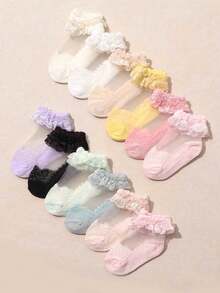 5 pares de calcetines cortos con volantes de encaje para bebé, calcetines suaves y transpirables con volantes de encaje para princesa infantil - Multicolor - Ver 1