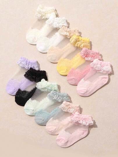 5 Pairs Baby Lace Ruffle Trim Socks, Cute Breathable Soft Ruffle Trim Short Socks For Infant Princess